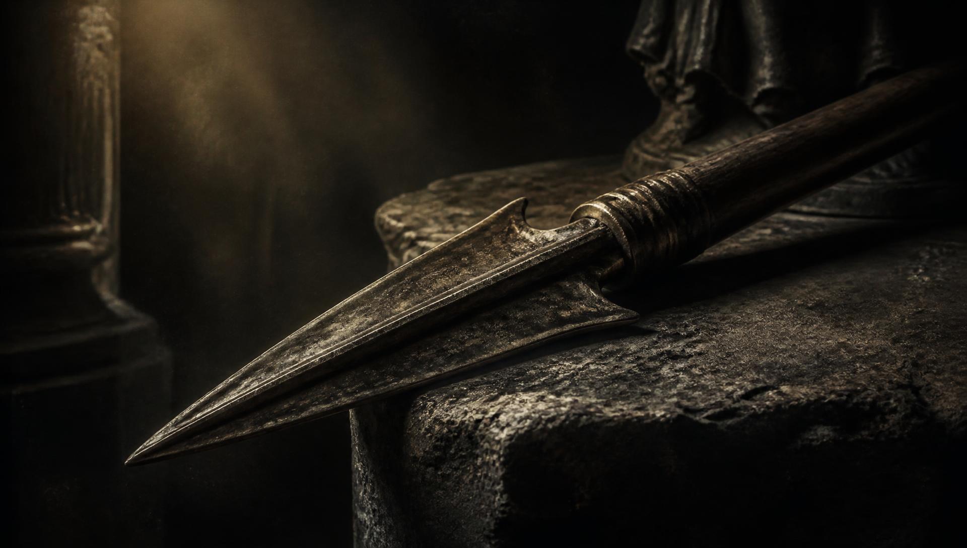 An ancient Roman spearhead resting on weathered stone